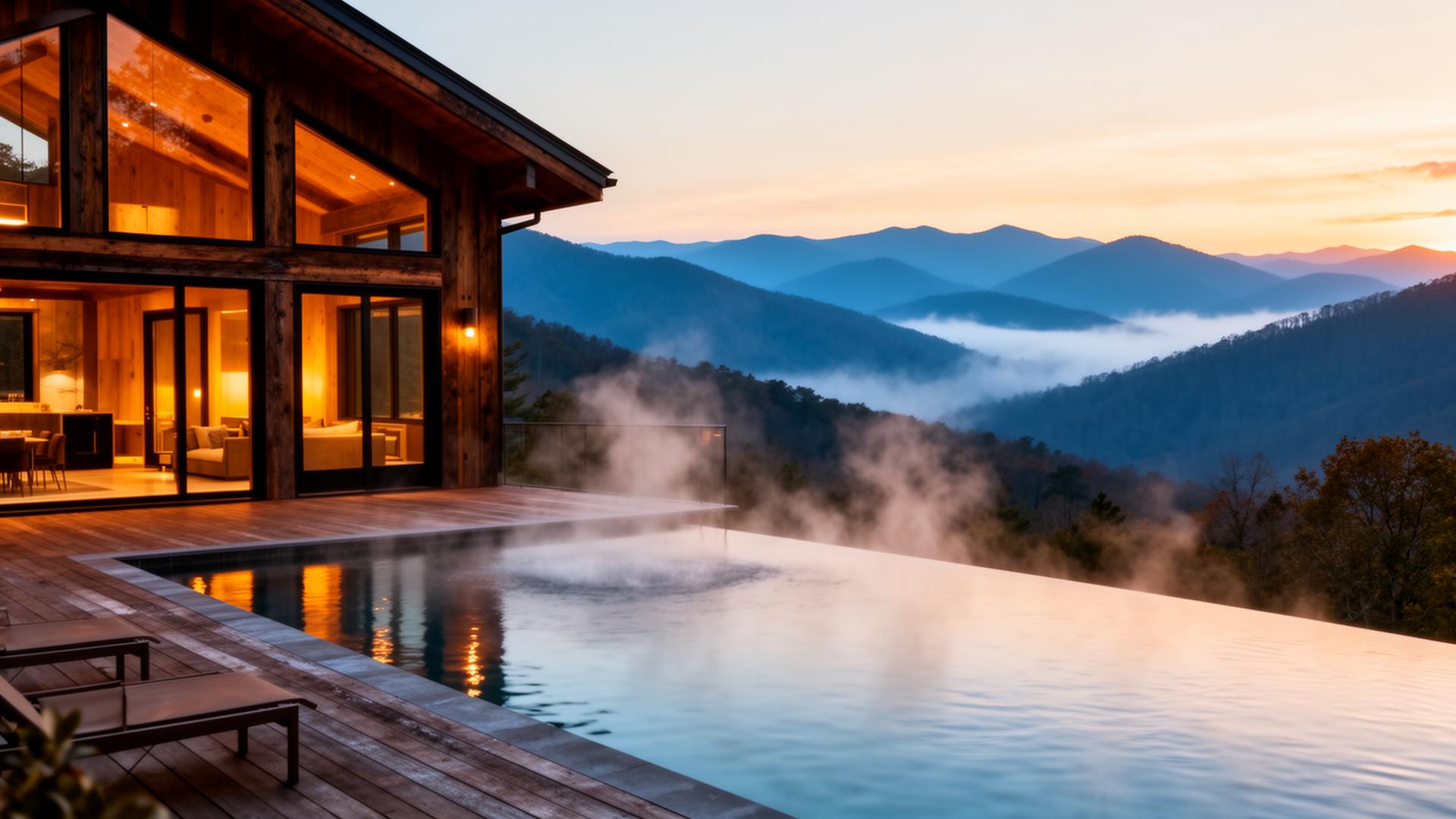 Luxury Smoky Mountain cabin with private heated pool overlooking misty blue ridges at golden hour